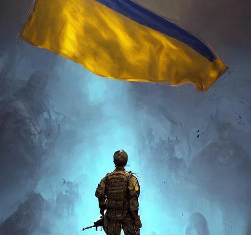 Ukrainian soldier standing in victory.