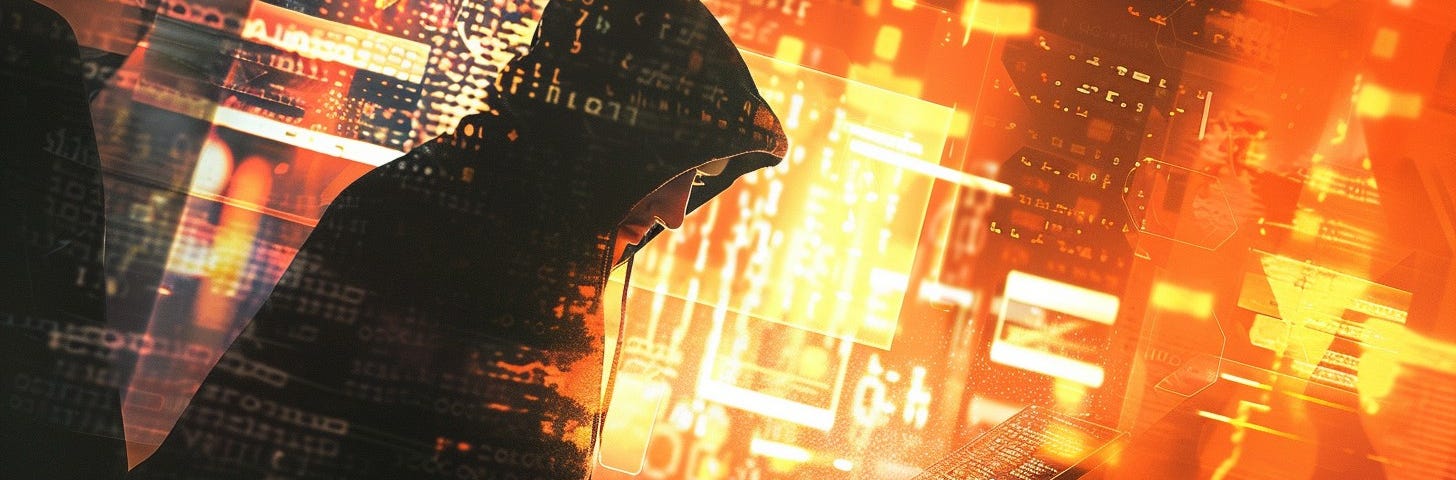 A mysterious figure in a hoodie hacks into a computer amidst a backdrop of digital chaos.