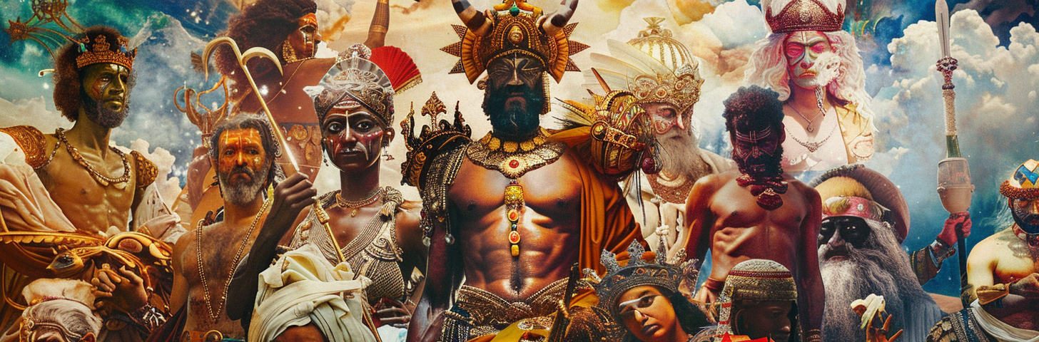 Prompt: polytheistic gods from around the world. a collage in the medium similar modern collage artists. by Midjourney