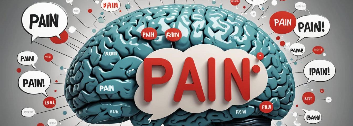 Artist impression of human brain with speech bubbles saying “pain”