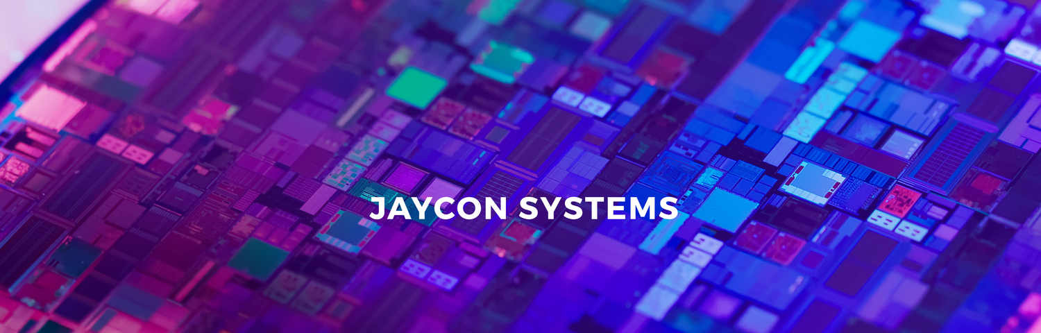 Processors neatly tessellated with purple and blue lighting in the background, with the Jaycon Systems name in the middle of the image.