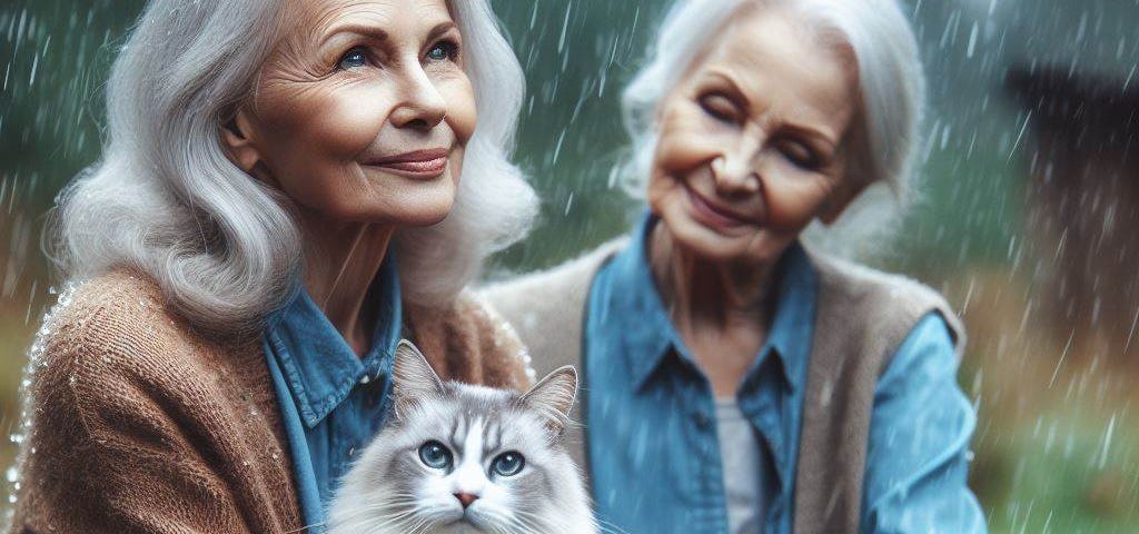 An image of two older ladies sitting outside petting a white cat