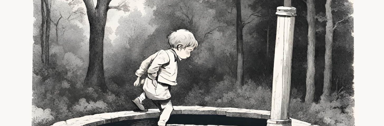 Black and white drawing of a child by a well.