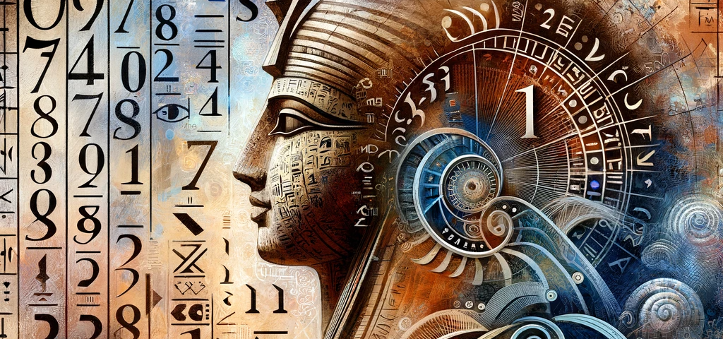 This image artistically combines ancient and modern numerical systems. It features Egyptian hieroglyphs, Babylonian cuneiform digits, Roman numerals, and Hindu-Arabic numerals. These elements are intertwined in a harmonious composition against a background collage that includes a pharaoh, the Colosseum, and ancient astronomical charts.