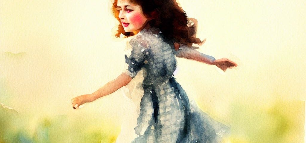 a little girl, dark hair, age 6 or 7, wearing NO SHOES , dressed in 1950s style dress, girl is running in grass, IMPRESSIONIST WATERCOLOR