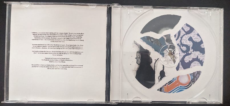 The open CD case with no CD. The background for both sides of the interior of the case is white. The left has the copyright information in centered black text. The right has a collage of fractured images in a circular shape where the CD would go.