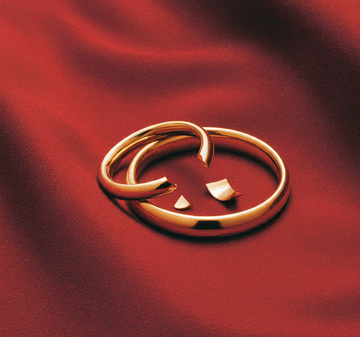 Two wedding bands, one broken, on a background of red fabric