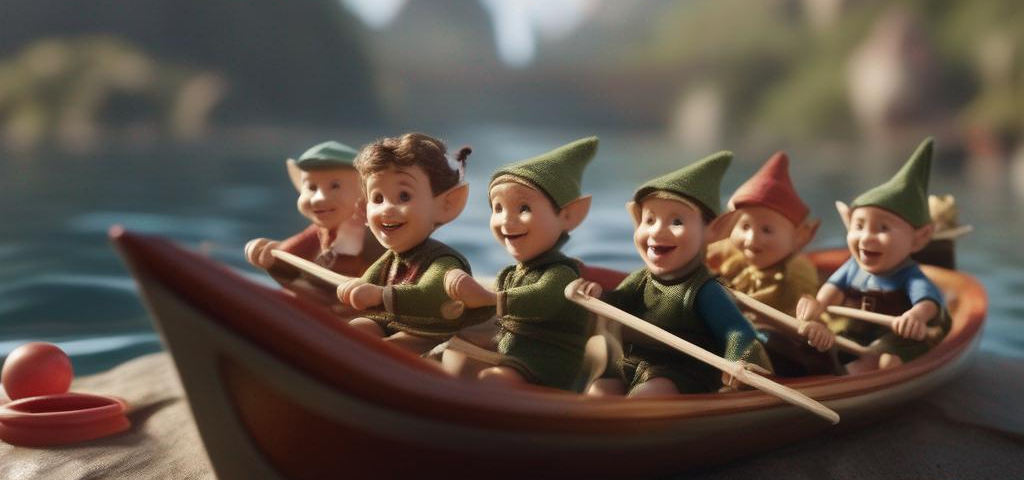 elves rowing a toy boat