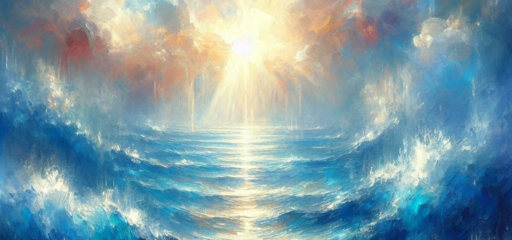 An impressionistic image of bright sunlight entering blue waters.