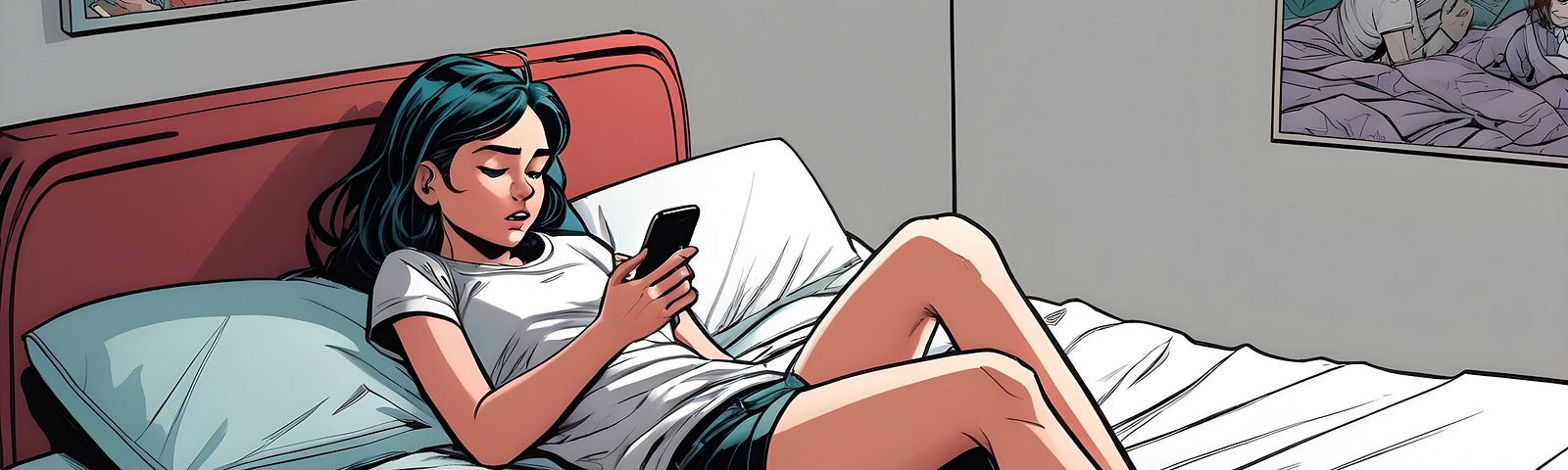 An image of a girl lying on an unorganized bed and scrolling on her phone