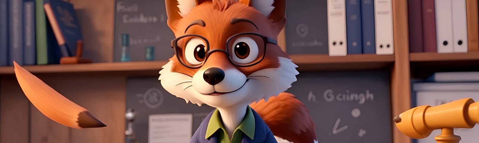 An AI-generated fox in the style of a Pixar 3D animation, wearing a navy-blue jacket with the sleeves rolled up, a green shirt, sitting at a desk in a research office. Beakers on the desk, books and folders on shelves behind him, and he’s resting his hands on a book open on the desk in front of him.
