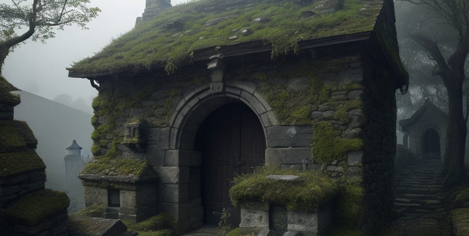 An old, weathered crypt partially hidden among gently sloping hills in a quaint village. The entrance is adorned with moss-covered stone sculptures and ancient symbols, shrouded in an eerie mist.