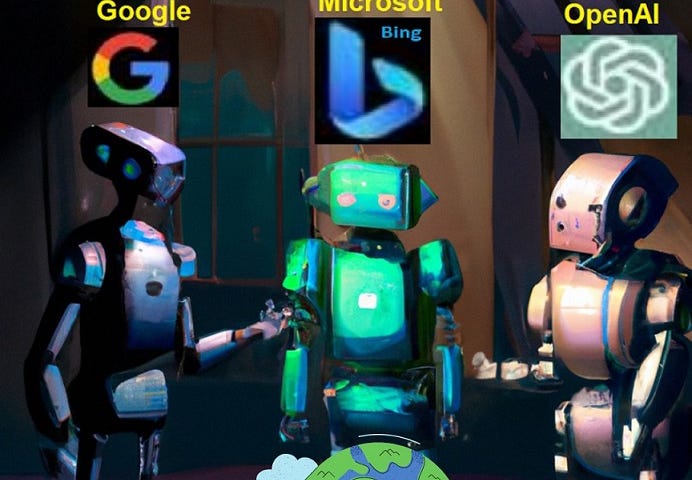 3 robots standing over the world with Bard, Bing, and ChatGPT symbols