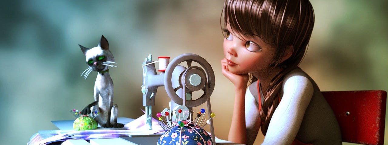 3D rendering of a  daydreaming seamstress girl and a cat.