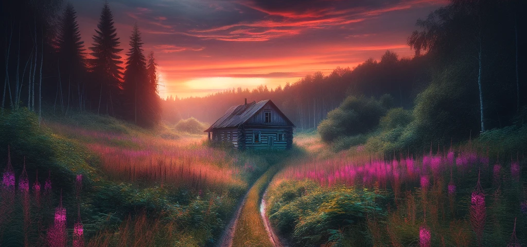 A house at the end of a road, sunset