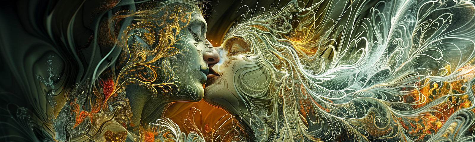 An abstract, ethereal illustration of two figures kissing, their forms intertwined in a swirling, intricate dance of light and shadow, evoking a sense of cosmic connection.