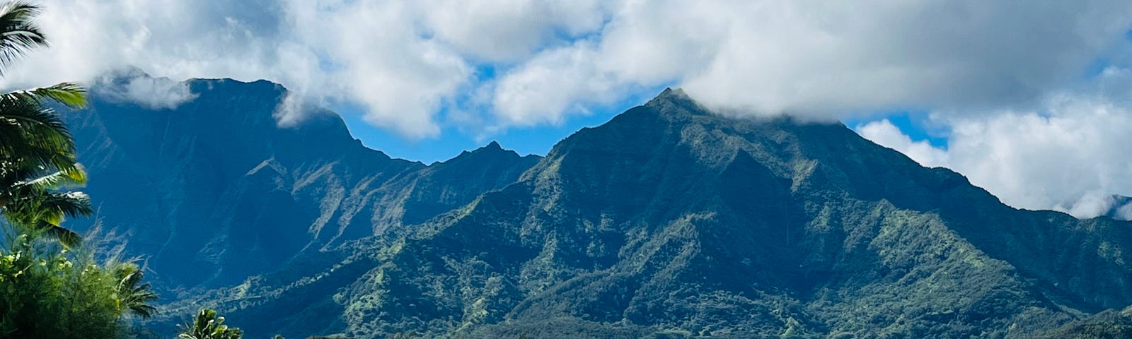 Giant mountains of green sit behind a pretty beach