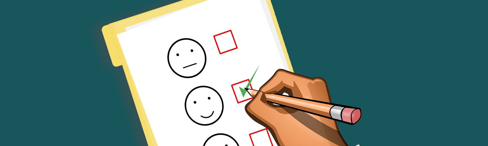 A cartoon hand completing a survey. Out of three faces, the user is selecting the happy face by putting a tick next to it.