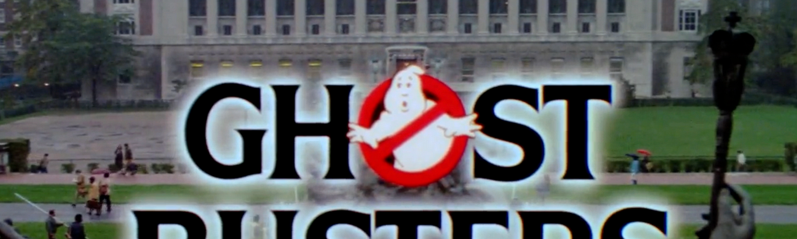 The main title from the original Ghostbusters film. The “o” in “Ghostbusters” has been replaced with a “no-ghost” symbol: a cartoon phantom behind a red, crossed circle indicating “prohibited”.