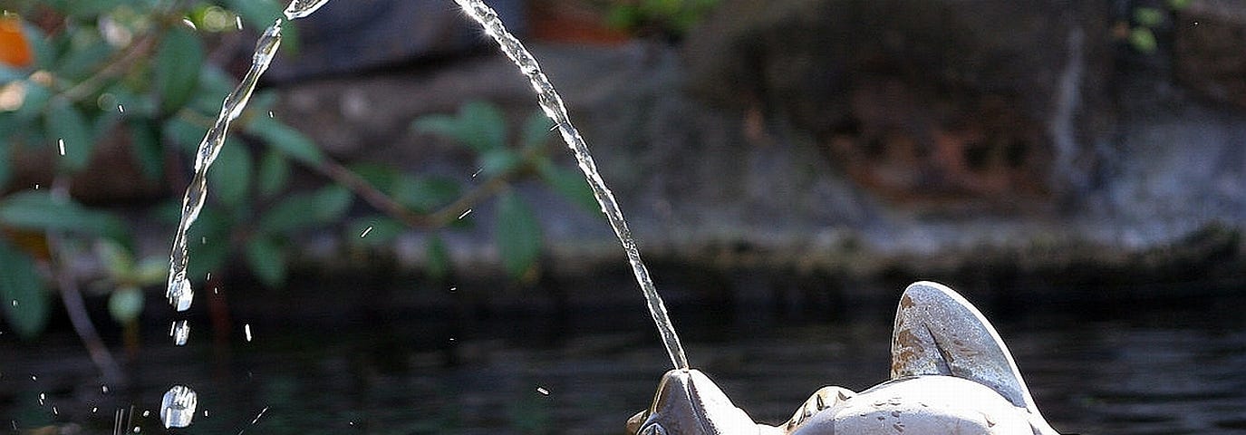 ceramic frog lying on a lillypad, a spout of water from his mouth