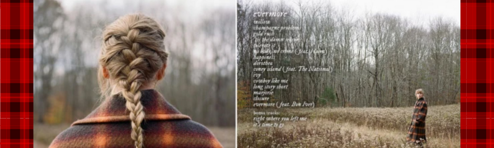 Cover of Taylor Swift’s album, evermore, on a red plaid background.