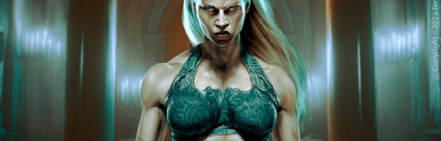 A muscular fantasy woman flexes angrily in a dark throne room.