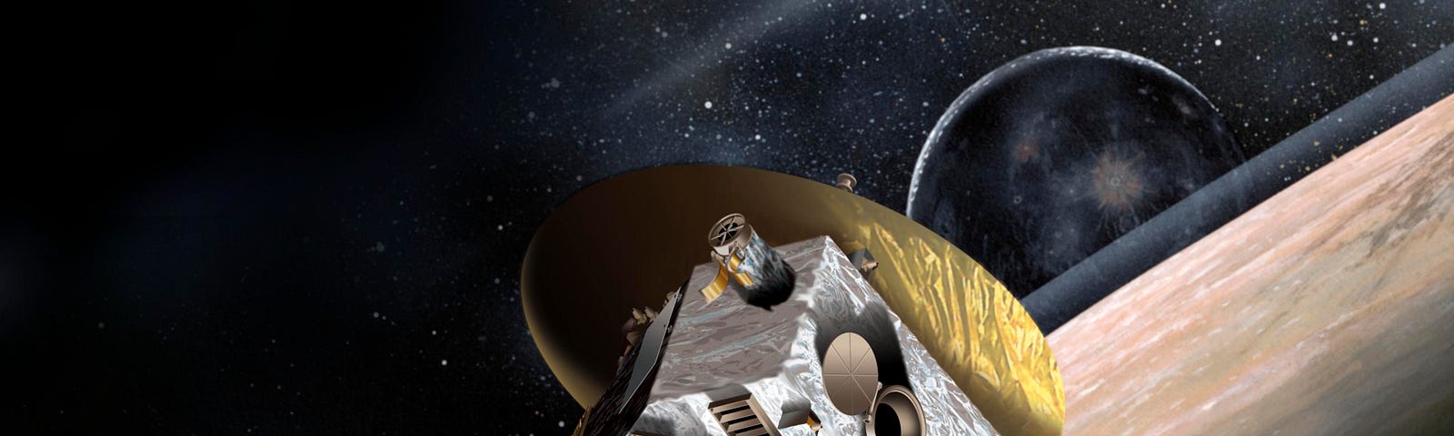 An artists impression of a space probe in flight around a planet, with a moon in near distance and a sun in a far distance