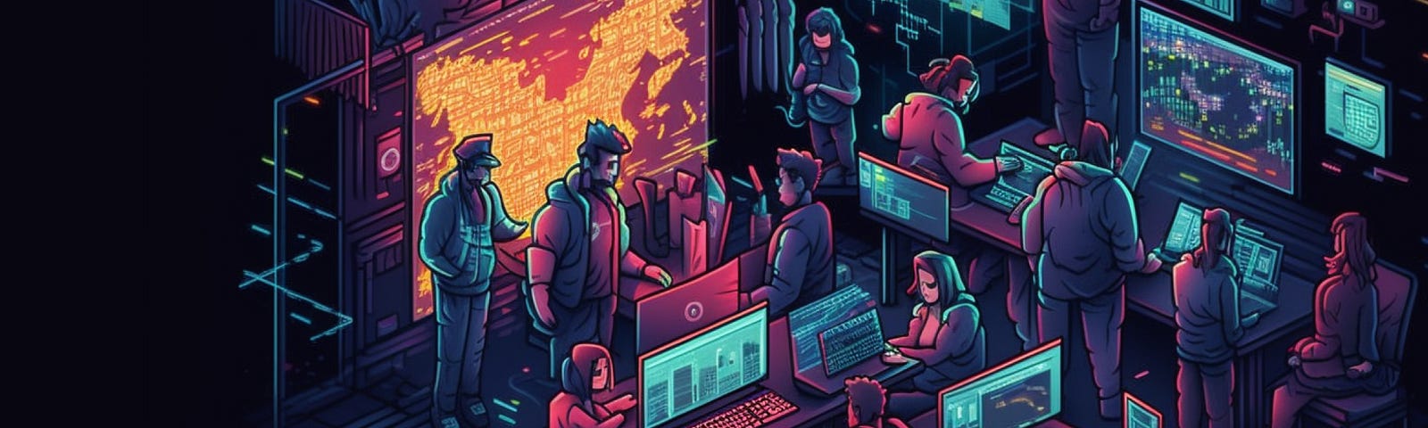 An inside look at passbolt’s first hackathon — illustration with people hacking in a dark room