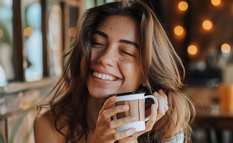 Happy woman drinking coffee because she’s going to use the grounds for a beauty cosmetic product