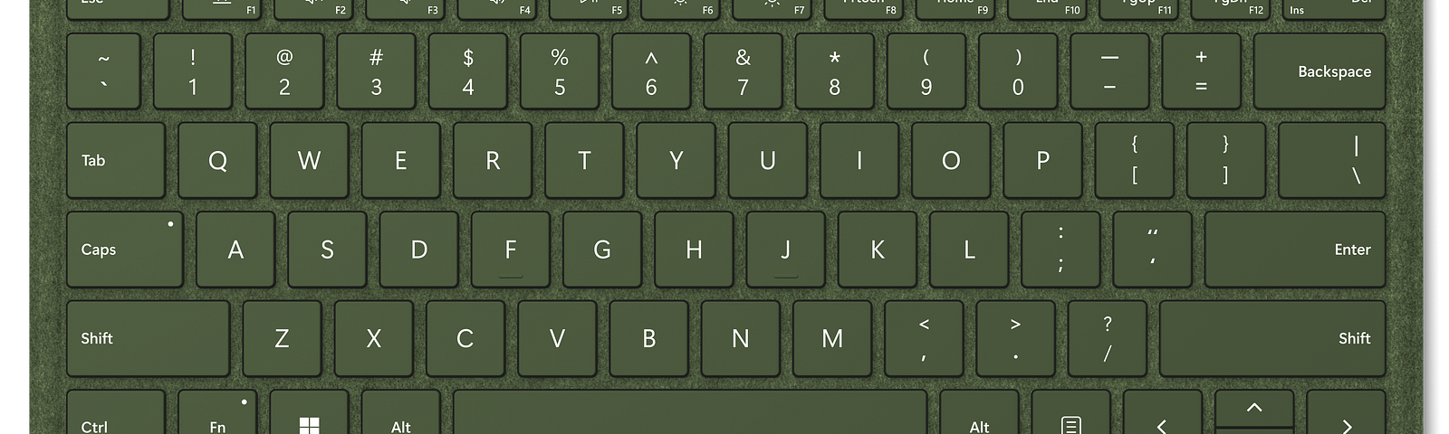 An overhead view of a forest green keyboard formally known as the Surface Pro Signature Keyboard.