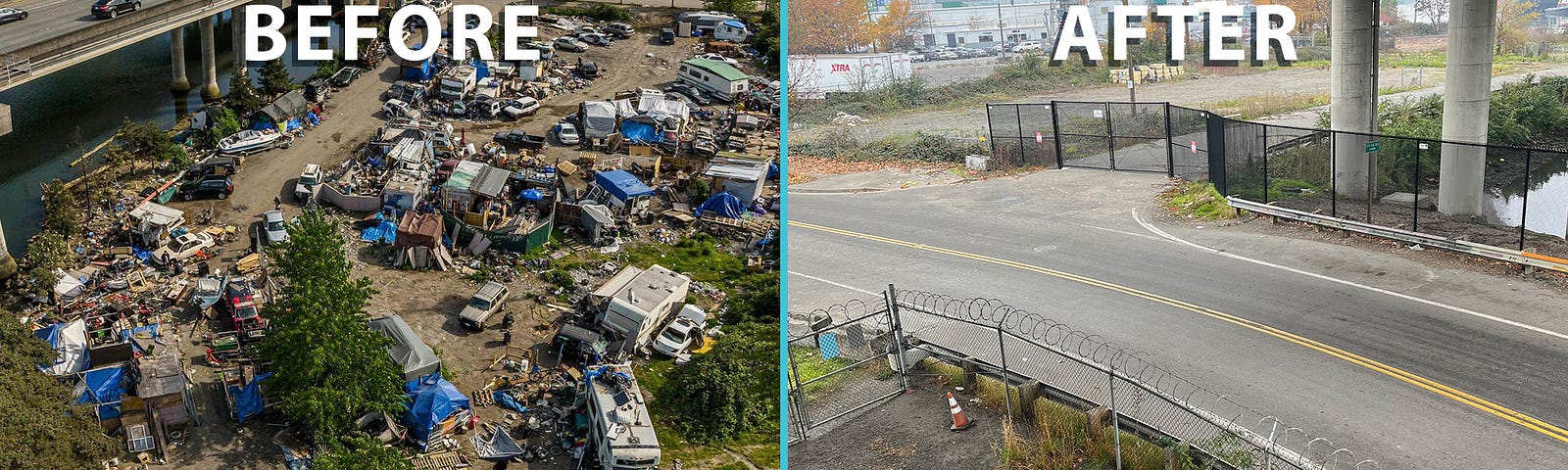 Aerial photos of an encampment in King County before and after WSDOT worked to clear the site of debris and abandoned vehicles