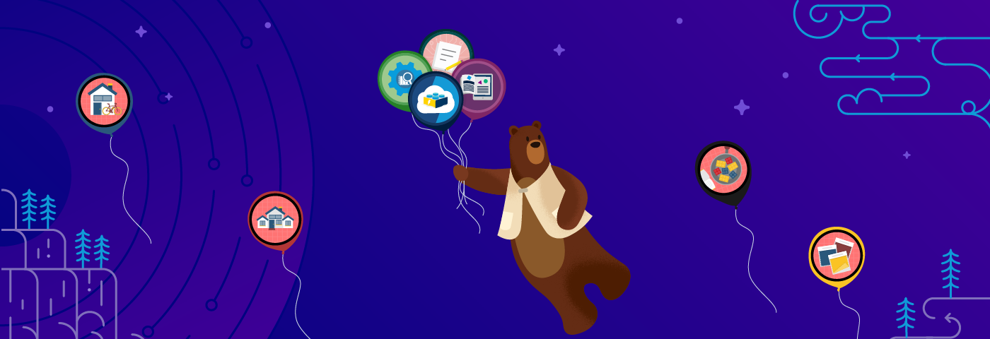 Trailhead character, Codey, floating on a purple background holding balloons with Trailhead badges on them.