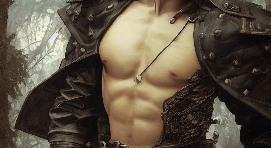 A bare chested, muscular, handsome male warrior.