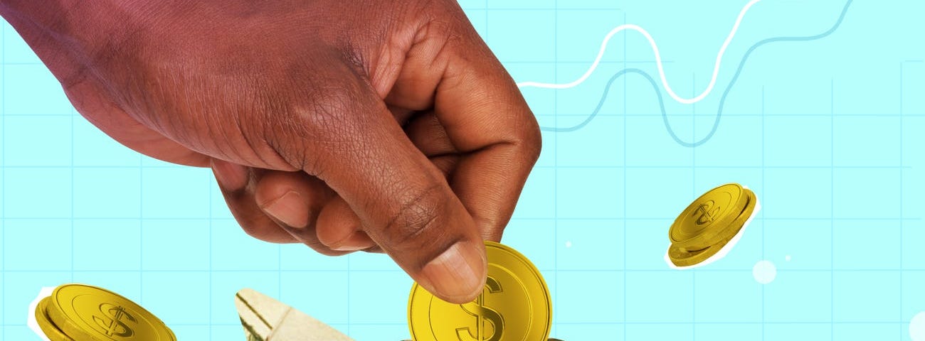 A graphic of a hand putting a gold coin in a piggy bank.