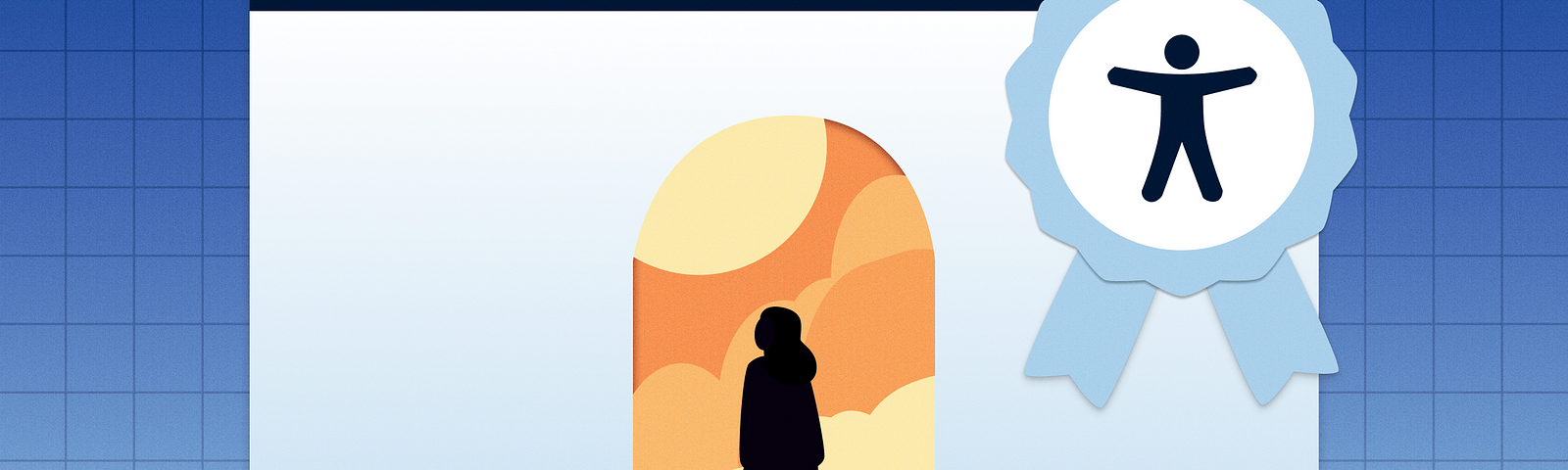 On a web page, a silhouetted person walks through a bright doorway, and a certification ribbon adorns the corner of the browser.