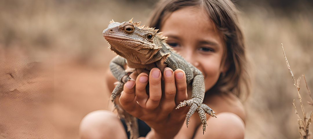 AI generated image of a girl holding a horned frog but it’s much bigger than the ones we caught.