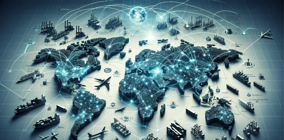 Graphical representation of AI technology analyzing and optimizing a global supply chain network, showing interconnected nodes representing different supply chain components such as logistics, warehouses, and retail outlets, overlaid with digital data streams and AI algorithms at work, symbolizing the transformative impact of artificial intelligence on making data-driven decisions in the supply chain industry.#datadrivendecision #supplychainmanagement