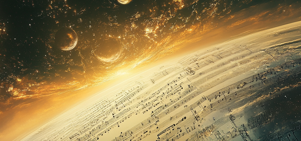 a sheet of music hovering over the planet