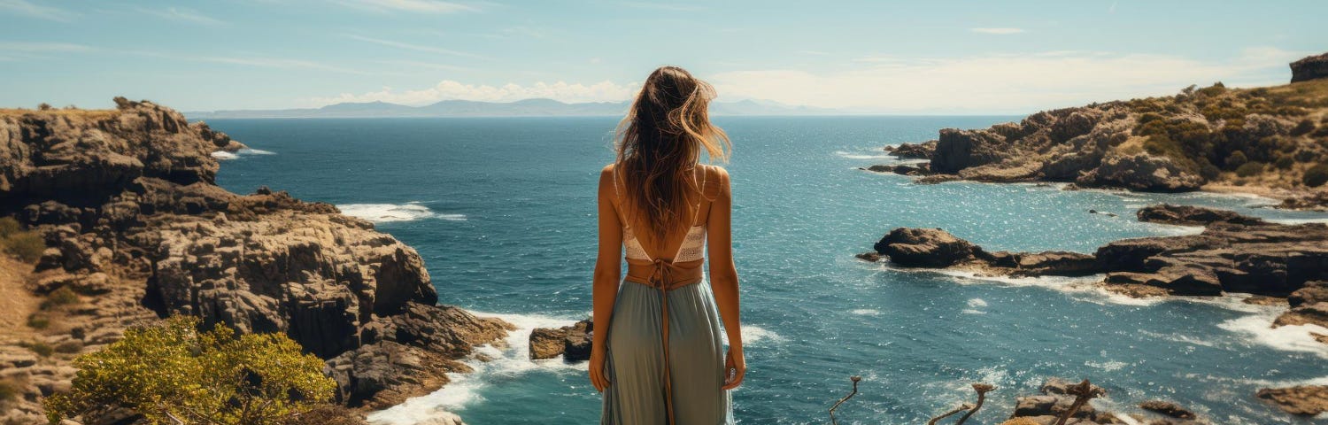 Young woman facing a rocky beach