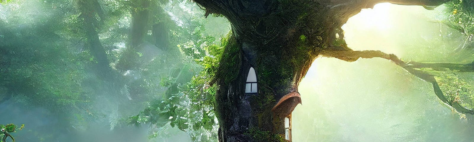 An artistic rendering of a home that has grown into the trunk of a tree.