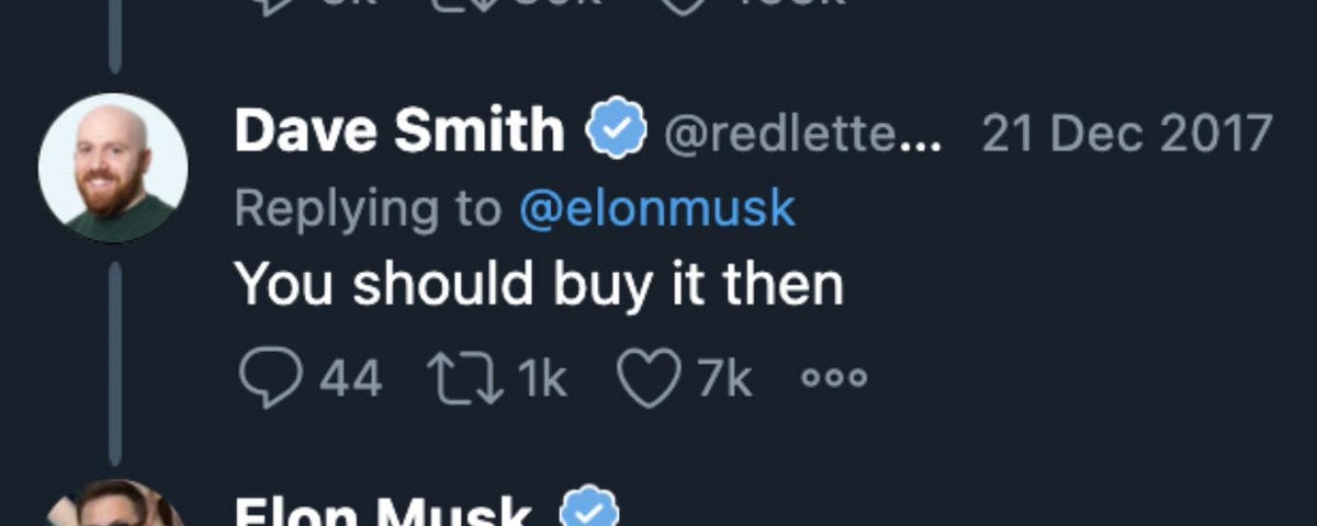 IMAGE: A tweet capture from December 2017 in which Elon Musk ask how much is it to buy Twitter