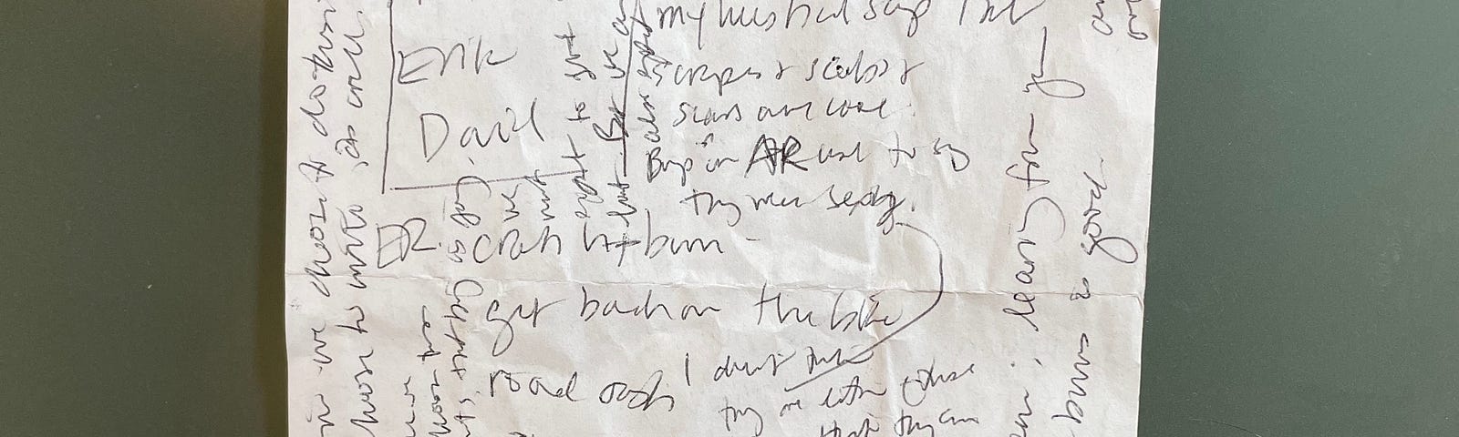 sheet of branded notepad paper held down by a couple of rocks and a shell fragment. A cross and “EMERGENCY AMBULANCE SERVICE” is printed in green across the top of it; writing in black ballpoint pen is all over the page, up and down and sideways.