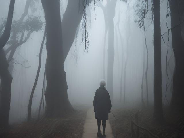 back of elderly lady in a misty forest