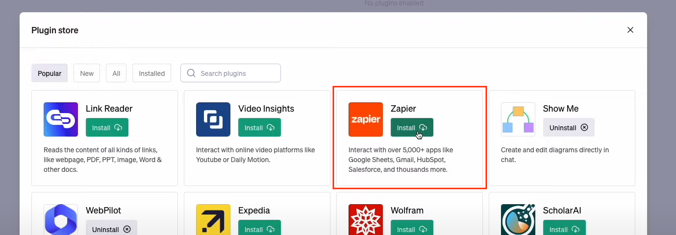 Installing the Zapier ChatGPT plugin.