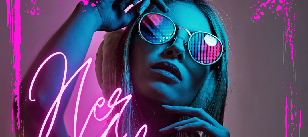 picture of a young woman with glasses, neon lights, party, disco, pink