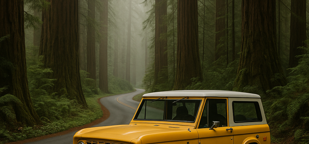 A school bus yellow Ford Bronco parked on the edge of a forest clearing, surrounded by towering redwood trees. Soft golden light filters through the trees, casting long shadows. The scene feels quiet, isolated, and contemplative, symbolizing a personal journey through psychosis, loss, and survival.
