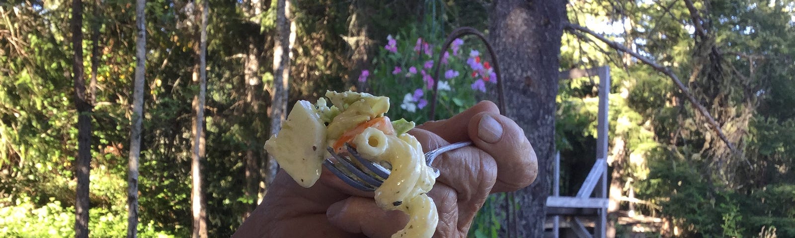 A hand holding a fork with noodle salad in the foreground. Summer day, potted plants in the background.