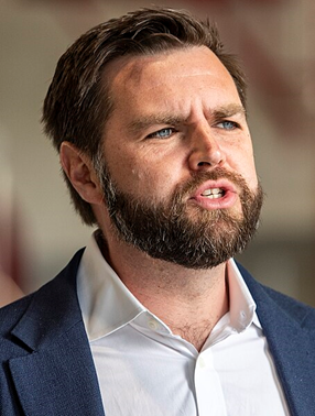 Head shot of a snarling senator/ vice presidential candidate JD Vance, taken at Rickenback Air National Guard Base, Ohio