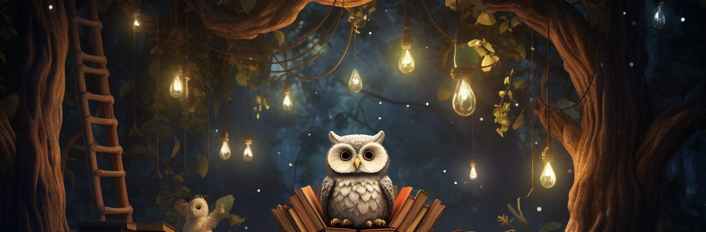 A cozy, smart woodland-themed reading corner guided by an AI storytelling owl, surrounded by interactive, glowing storybooks and enchanted trees.