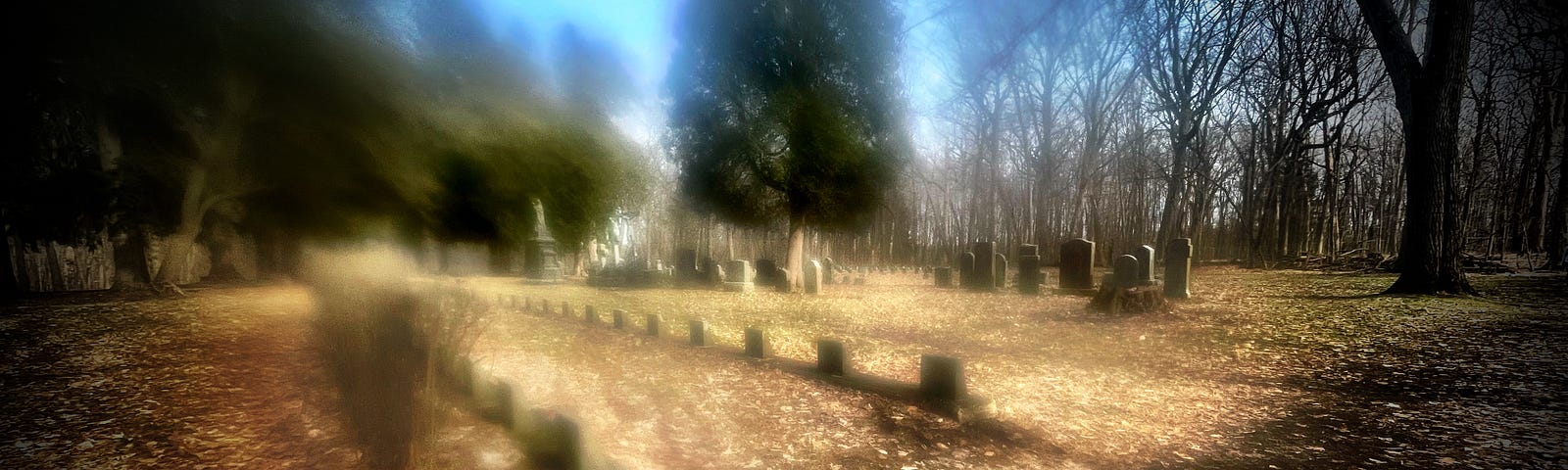 Picture of a cemetary, some of it is blurred